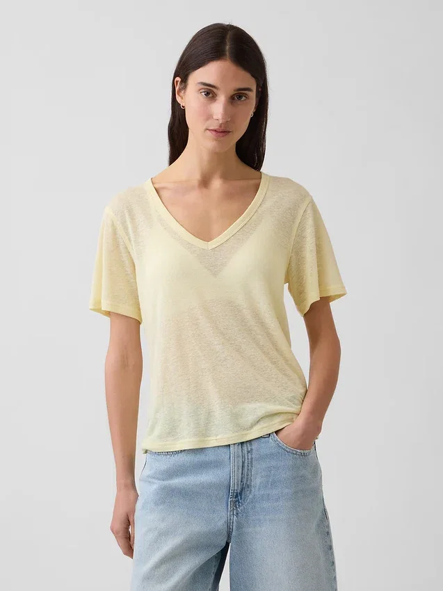 Χαλαρό Pουκάμισο με V-neck από μείγμα λινού
