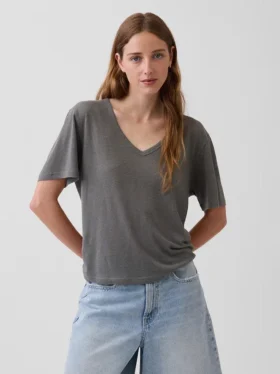 Χαλαρό Pουκάμισο με V-neck από μείγμα λινού