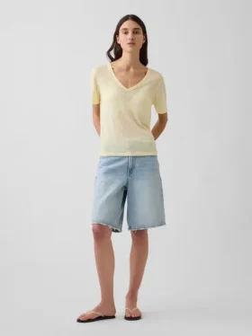 Χαλαρό Pουκάμισο με V-neck από μείγμα λινού