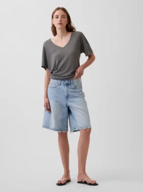 Χαλαρό Pουκάμισο με V-neck από μείγμα λινού