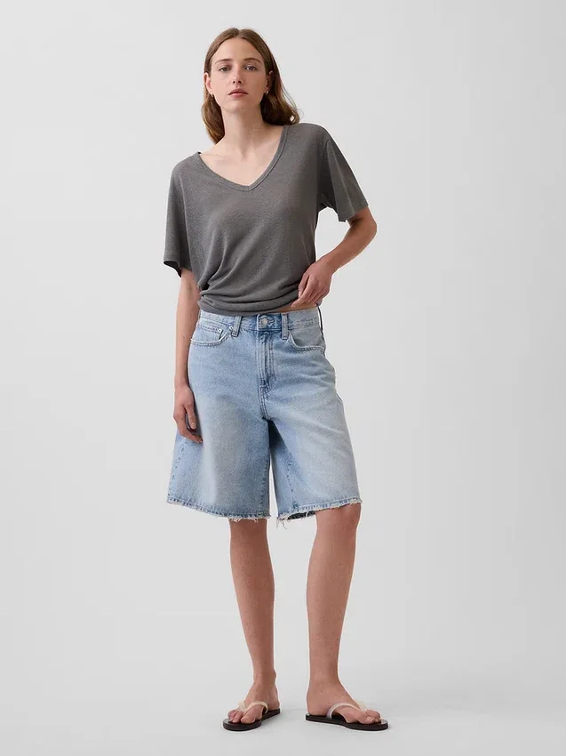Χαλαρό Pουκάμισο με V-neck από μείγμα λινού