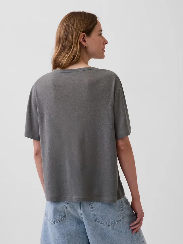 Χαλαρό Pουκάμισο με V-neck από μείγμα λινού