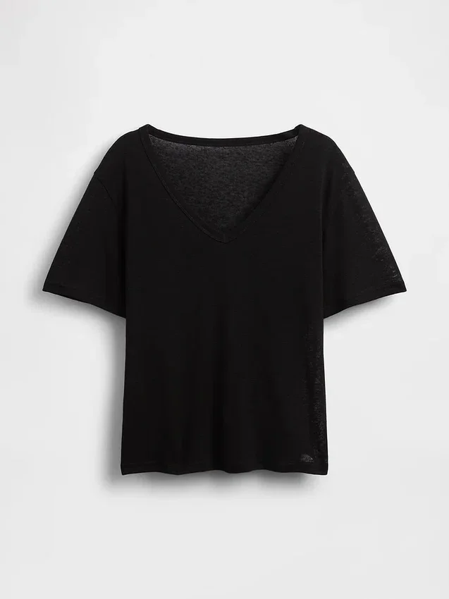 Χαλαρό Pουκάμισο με V-neck από μείγμα λινού