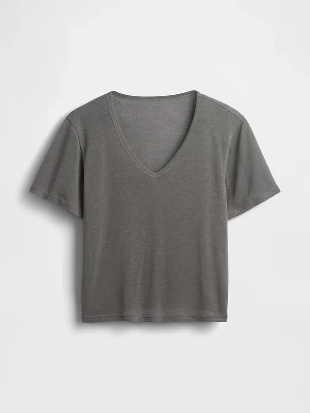 Χαλαρό Pουκάμισο με V-neck από μείγμα λινού
