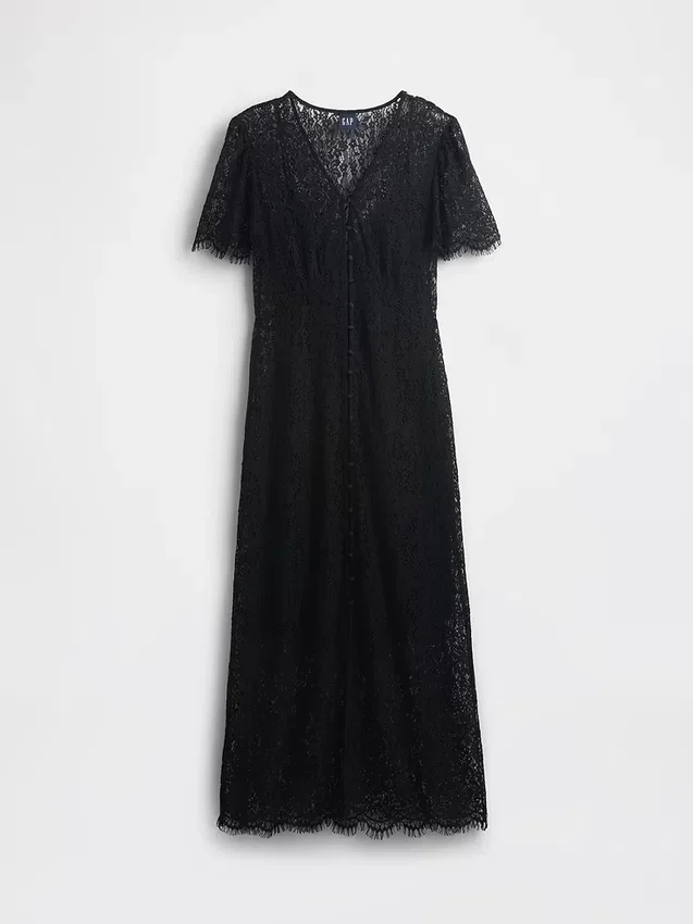 Φορέμα μέσης μήκους με δαντέλα και V-neck