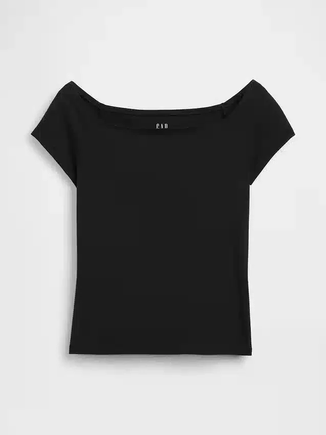 Κοντό T-shirt με ανοιχτούς ώμους από πυκνό πλεκτό τζέρσεϊ