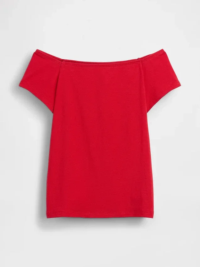 Κοντό T-shirt με ανοιχτούς ώμους από πυκνό πλεκτό τζέρσεϊ