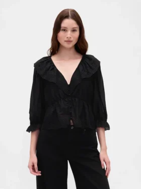 Μπλούζα με V-neck και γιακά με βολάν