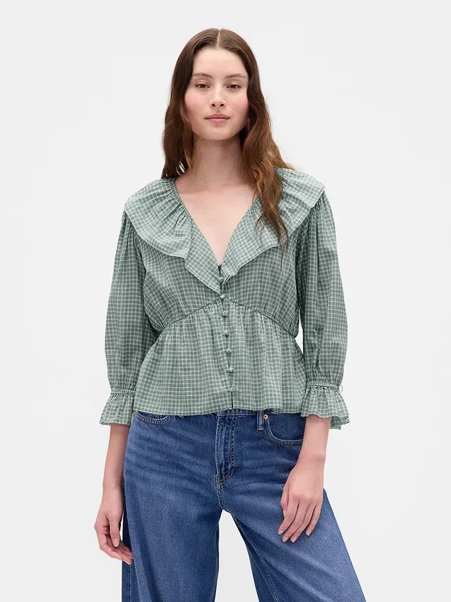Μπλούζα με V-neck και γιακά με βολάν