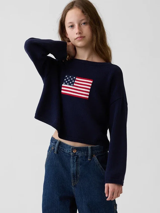 Παιδικό πλεκτό πουλόβερ σε oversized γραμμή με αμερικανικά μοτίβα