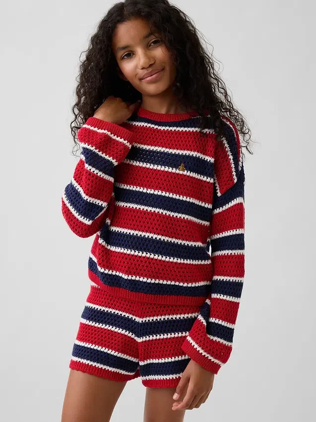 Παιδικό πουλόβερ με ρίγες σε oversized γραμμή, πλεκτό με βελονάκι