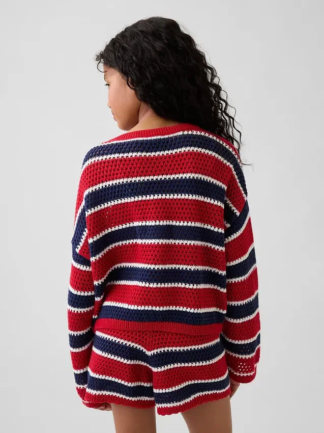 Παιδικό πουλόβερ με ρίγες σε oversized γραμμή, πλεκτό με βελονάκι