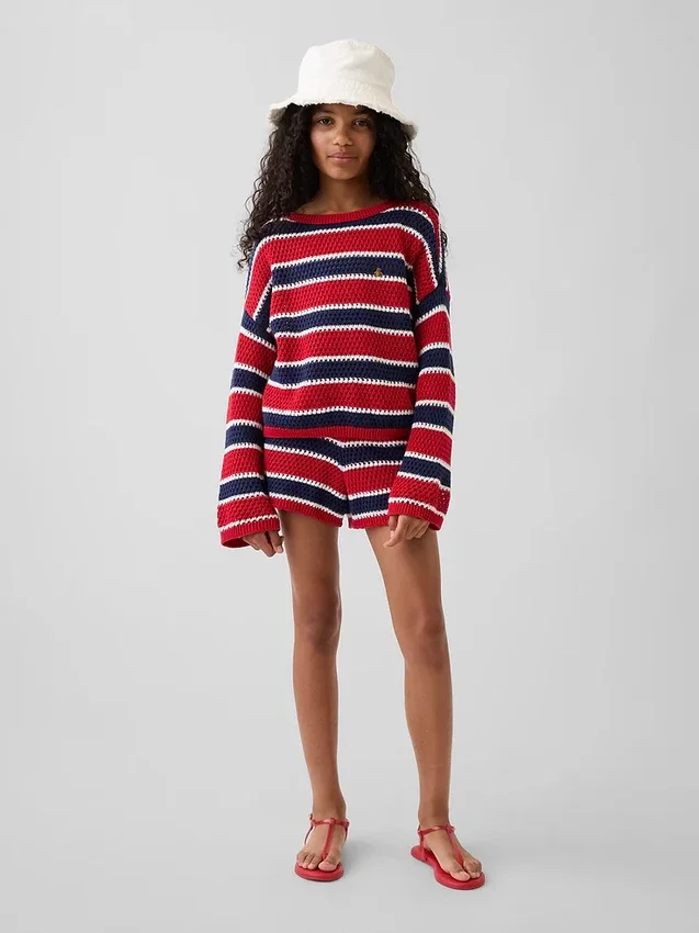 Παιδικό πουλόβερ με ρίγες σε oversized γραμμή, πλεκτό με βελονάκι
