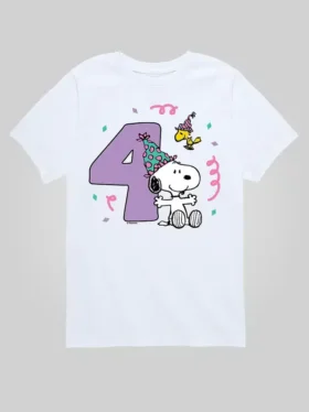 Παιδικό T-shirt με σχέδιο «Peanuts» για 4α γενέθλια, κοντοσορτς