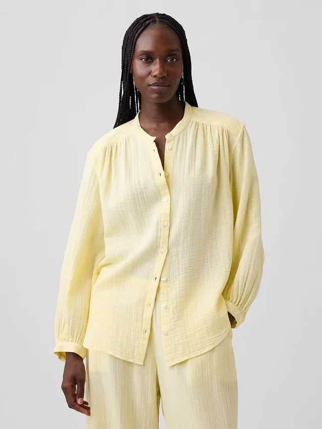 Πουκάμισο από βαμβακερό γάζι σε oversized γραμμή χωρίς γιακά