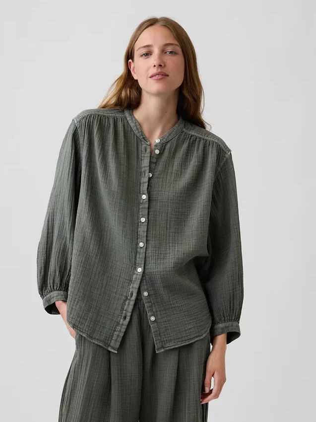 Πουκάμισο από βαμβακερό γάζι σε oversized γραμμή χωρίς γιακά