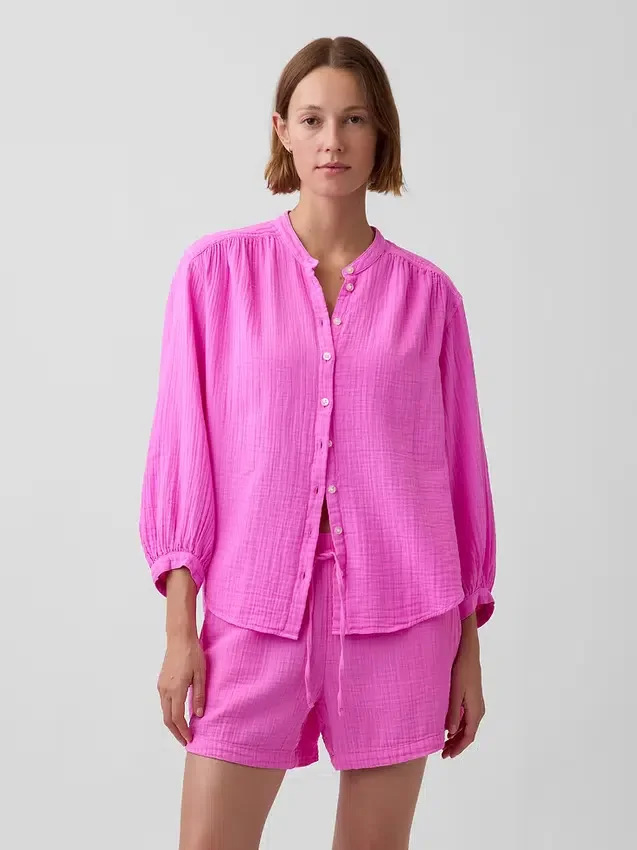 Πουκάμισο από βαμβακερό γάζι σε oversized γραμμή χωρίς γιακά