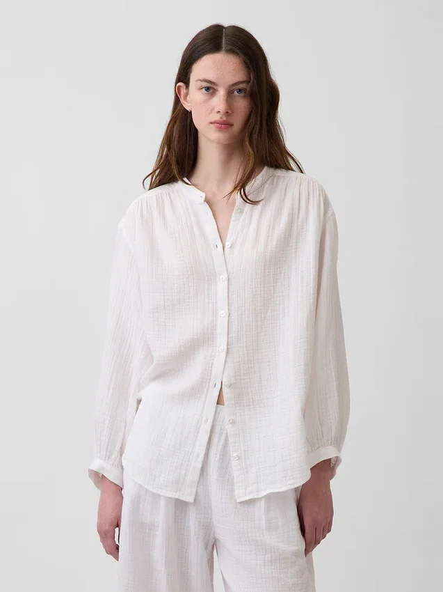 Πουκάμισο από βαμβακερό γάζι σε oversized γραμμή χωρίς γιακά