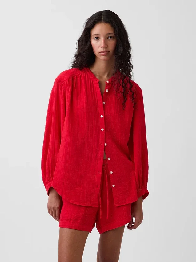 Πουκάμισο από βαμβακερό γάζι σε oversized γραμμή χωρίς γιακά