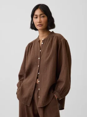Πουκάμισο από βαμβακερό γάζι σε oversized γραμμή χωρίς γιακά