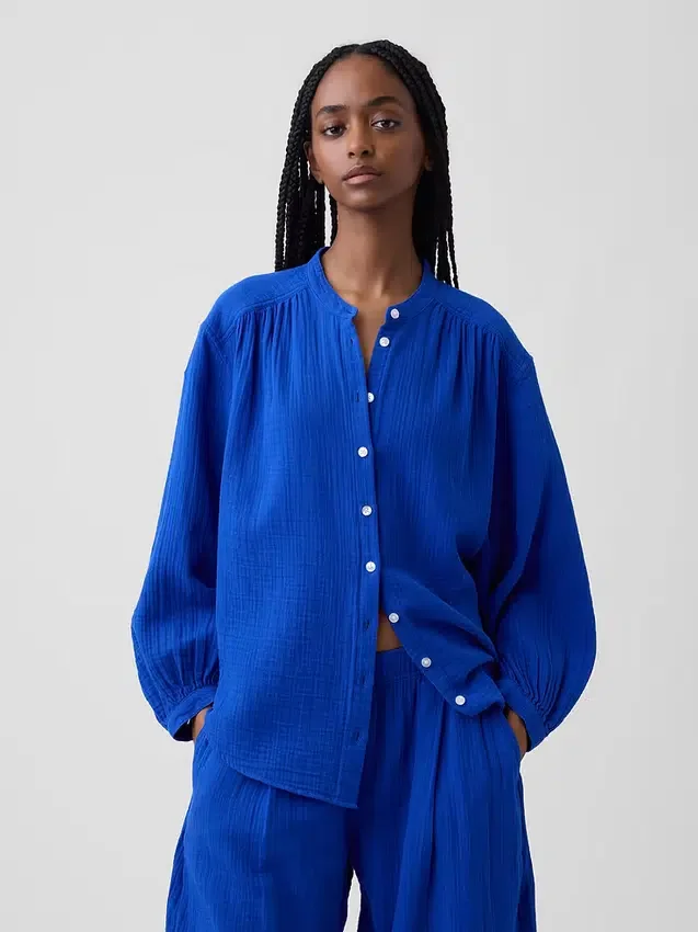Πουκάμισο από βαμβακερό γάζι σε oversized γραμμή χωρίς γιακά