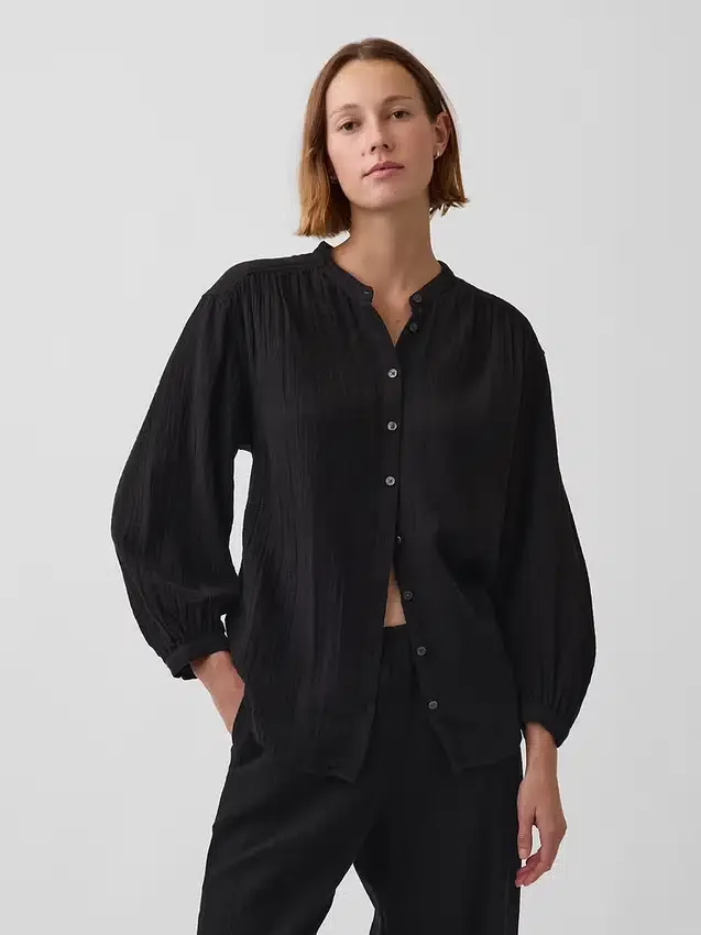 Πουκάμισο από βαμβακερό γάζι σε oversized γραμμή χωρίς γιακά