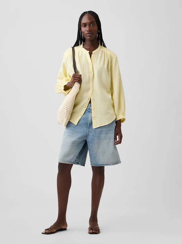 Πουκάμισο από βαμβακερό γάζι σε oversized γραμμή χωρίς γιακά