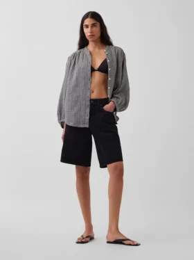 Πουκάμισο από βαμβακερό γάζι σε oversized γραμμή χωρίς γιακά