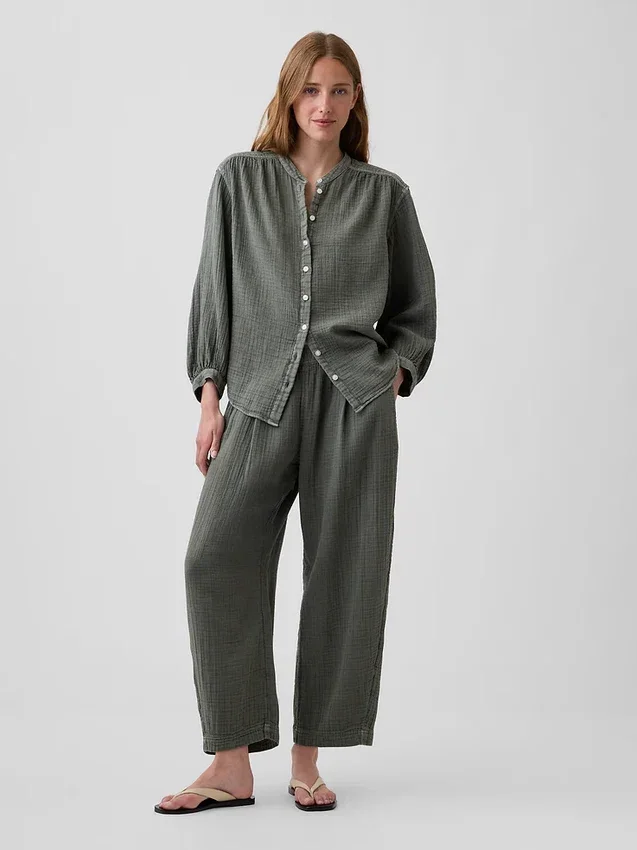 Πουκάμισο από βαμβακερό γάζι σε oversized γραμμή χωρίς γιακά