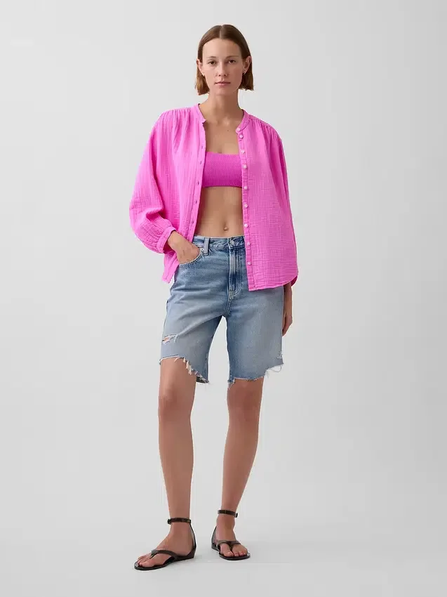 Πουκάμισο από βαμβακερό γάζι σε oversized γραμμή χωρίς γιακά