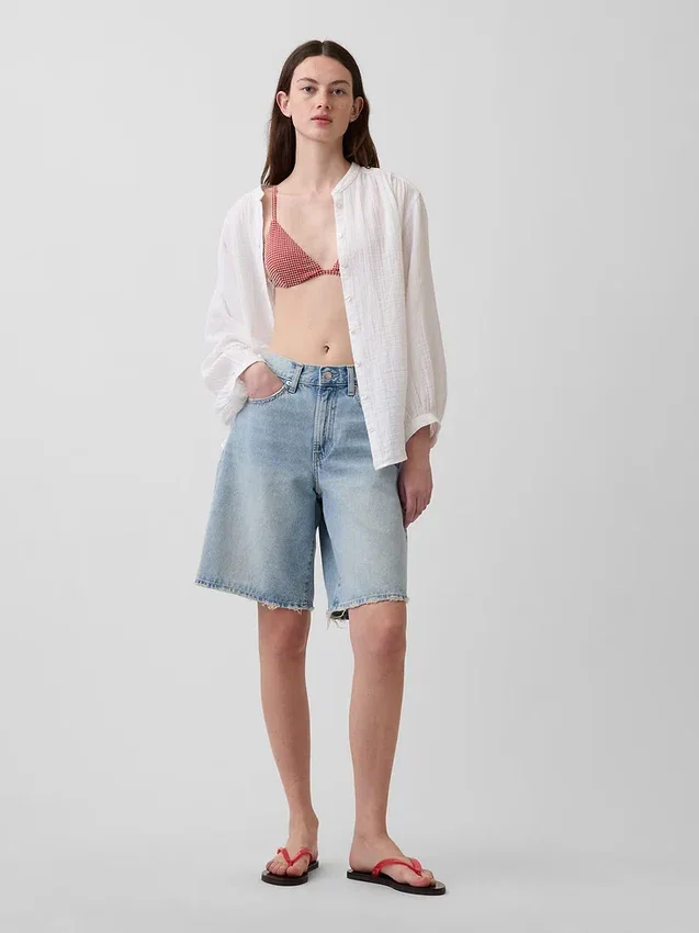 Πουκάμισο από βαμβακερό γάζι σε oversized γραμμή χωρίς γιακά