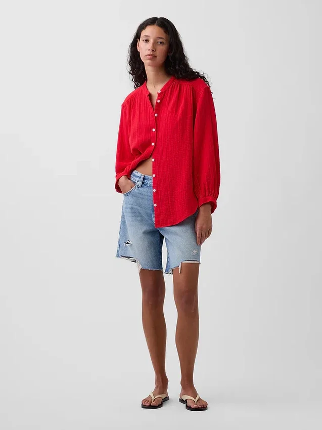 Πουκάμισο από βαμβακερό γάζι σε oversized γραμμή χωρίς γιακά