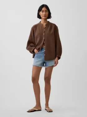 Πουκάμισο από βαμβακερό γάζι σε oversized γραμμή χωρίς γιακά