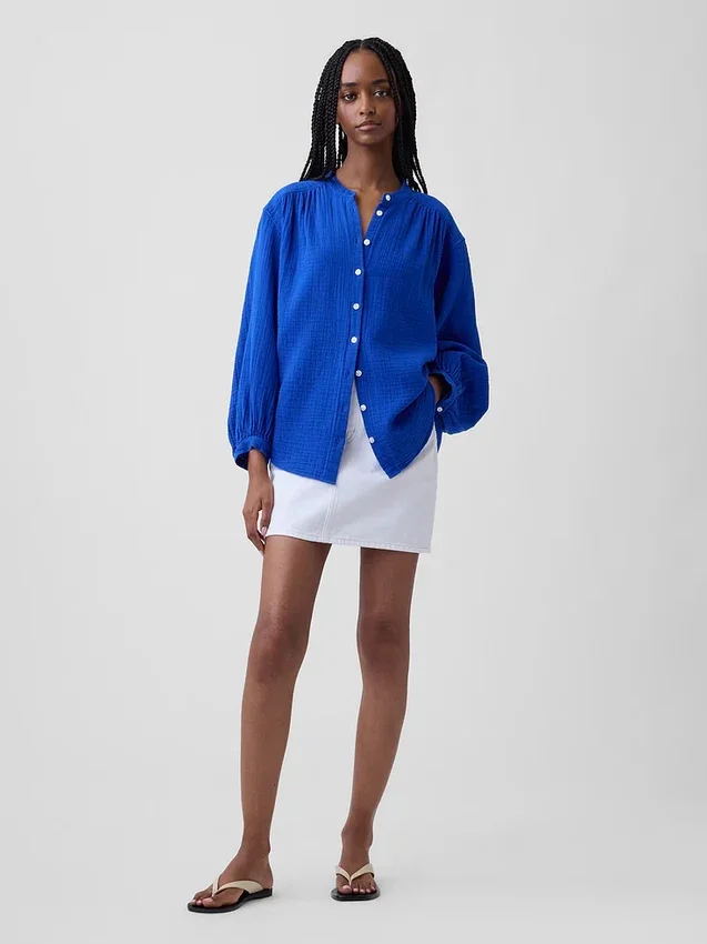 Πουκάμισο από βαμβακερό γάζι σε oversized γραμμή χωρίς γιακά