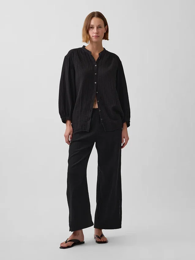 Πουκάμισο από βαμβακερό γάζι σε oversized γραμμή χωρίς γιακά