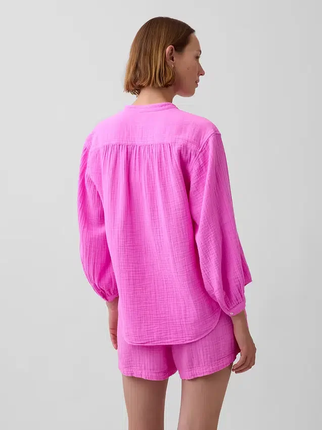 Πουκάμισο από βαμβακερό γάζι σε oversized γραμμή χωρίς γιακά