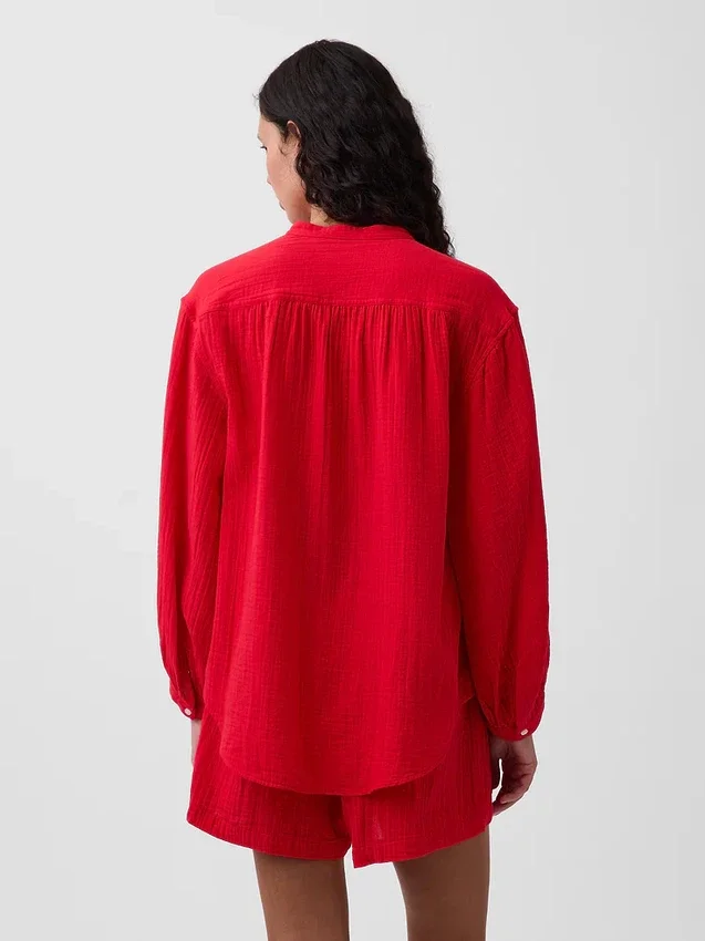 Πουκάμισο από βαμβακερό γάζι σε oversized γραμμή χωρίς γιακά