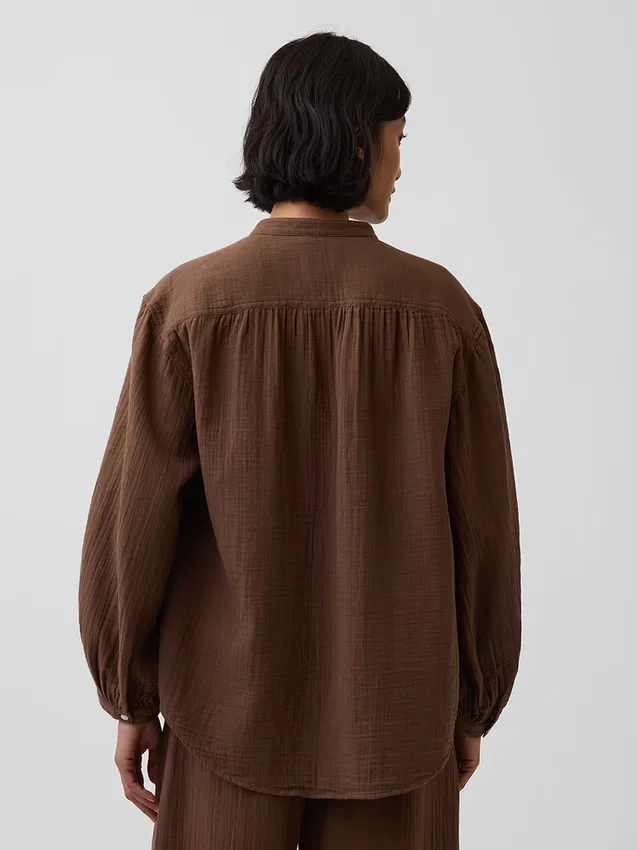 Πουκάμισο από βαμβακερό γάζι σε oversized γραμμή χωρίς γιακά
