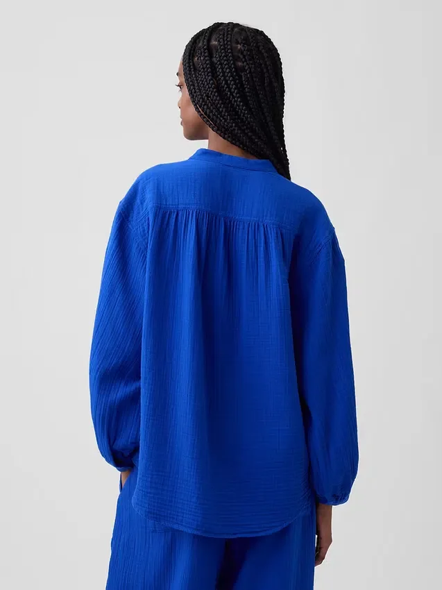 Πουκάμισο από βαμβακερό γάζι σε oversized γραμμή χωρίς γιακά