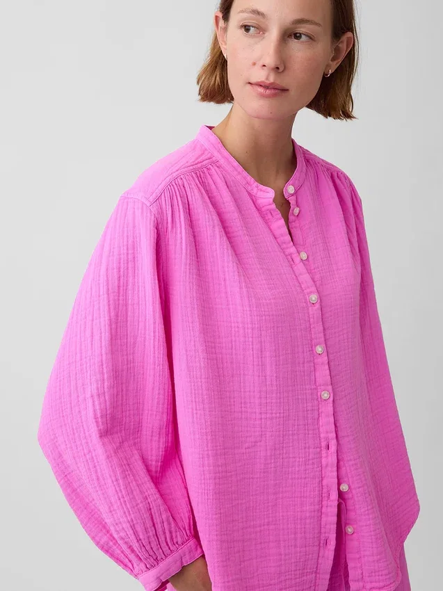 Πουκάμισο από βαμβακερό γάζι σε oversized γραμμή χωρίς γιακά
