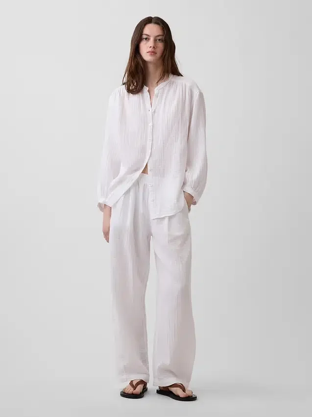 Πουκάμισο από βαμβακερό γάζι σε oversized γραμμή χωρίς γιακά
