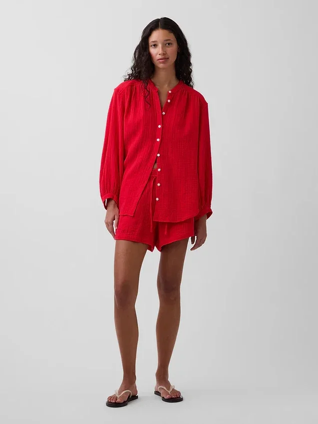 Πουκάμισο από βαμβακερό γάζι σε oversized γραμμή χωρίς γιακά
