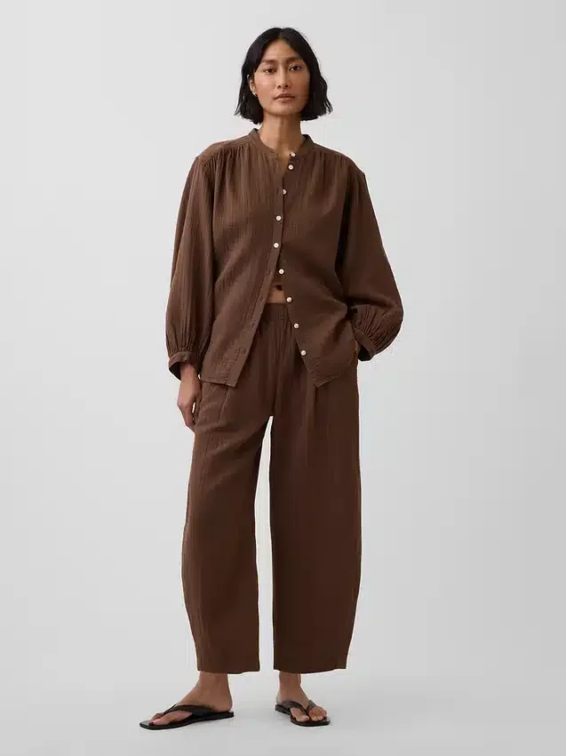 Πουκάμισο από βαμβακερό γάζι σε oversized γραμμή χωρίς γιακά