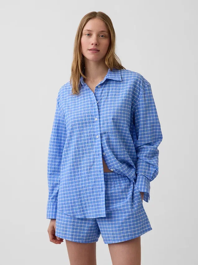 Πουκάμισο σε καρό μοτίβο Seersucker με υπερμεγέθη γραμμή