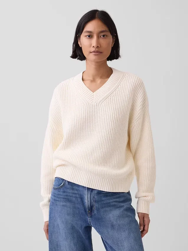 Πουλόβερ Oversized με V-neck από 100% βαμβάκι