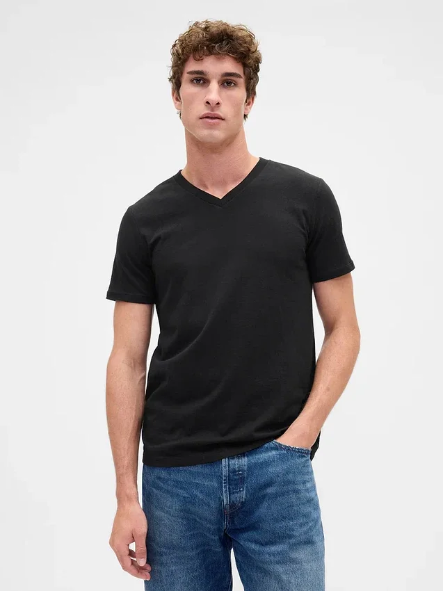 Τ-shirt από βαμβακερό τζέρσεϊ με V-neck