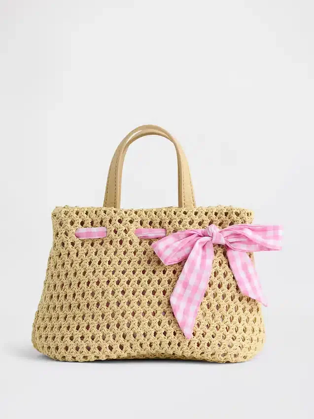 Τσάντα από ψάθα με φιόγκο σε μοτίβο Gingham για νήπια