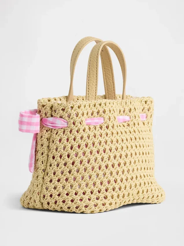 Τσάντα από ψάθα με φιόγκο σε μοτίβο Gingham για νήπια